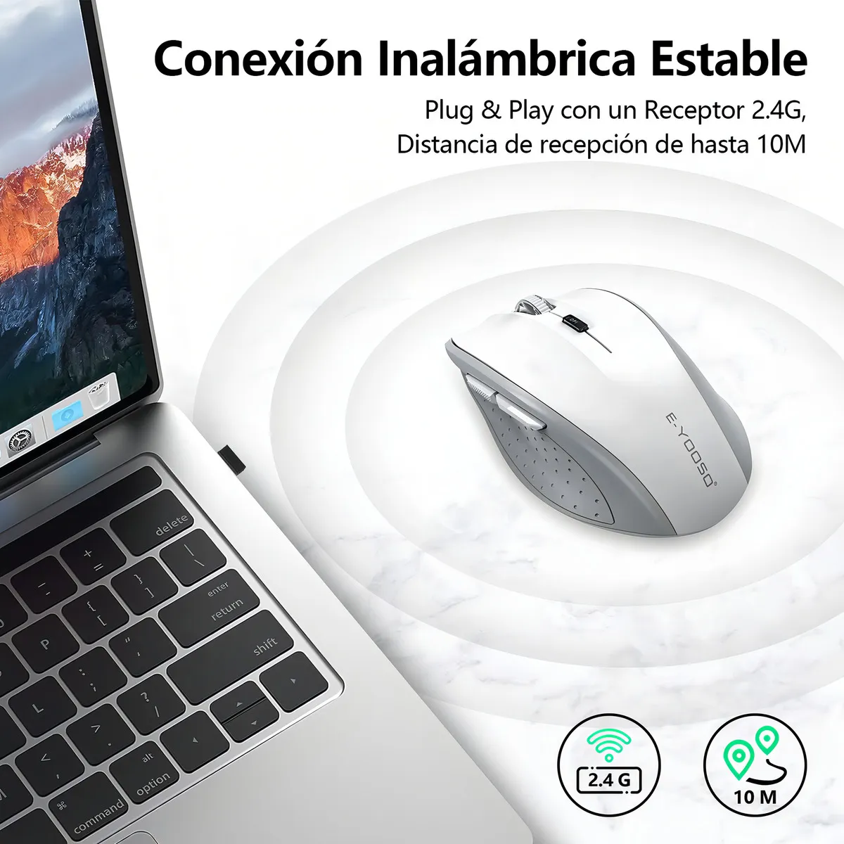 Mouse Gris/Blanco Inalambrico Ergonomico Con Receptor Usb, 6 Botones - Imagen 3