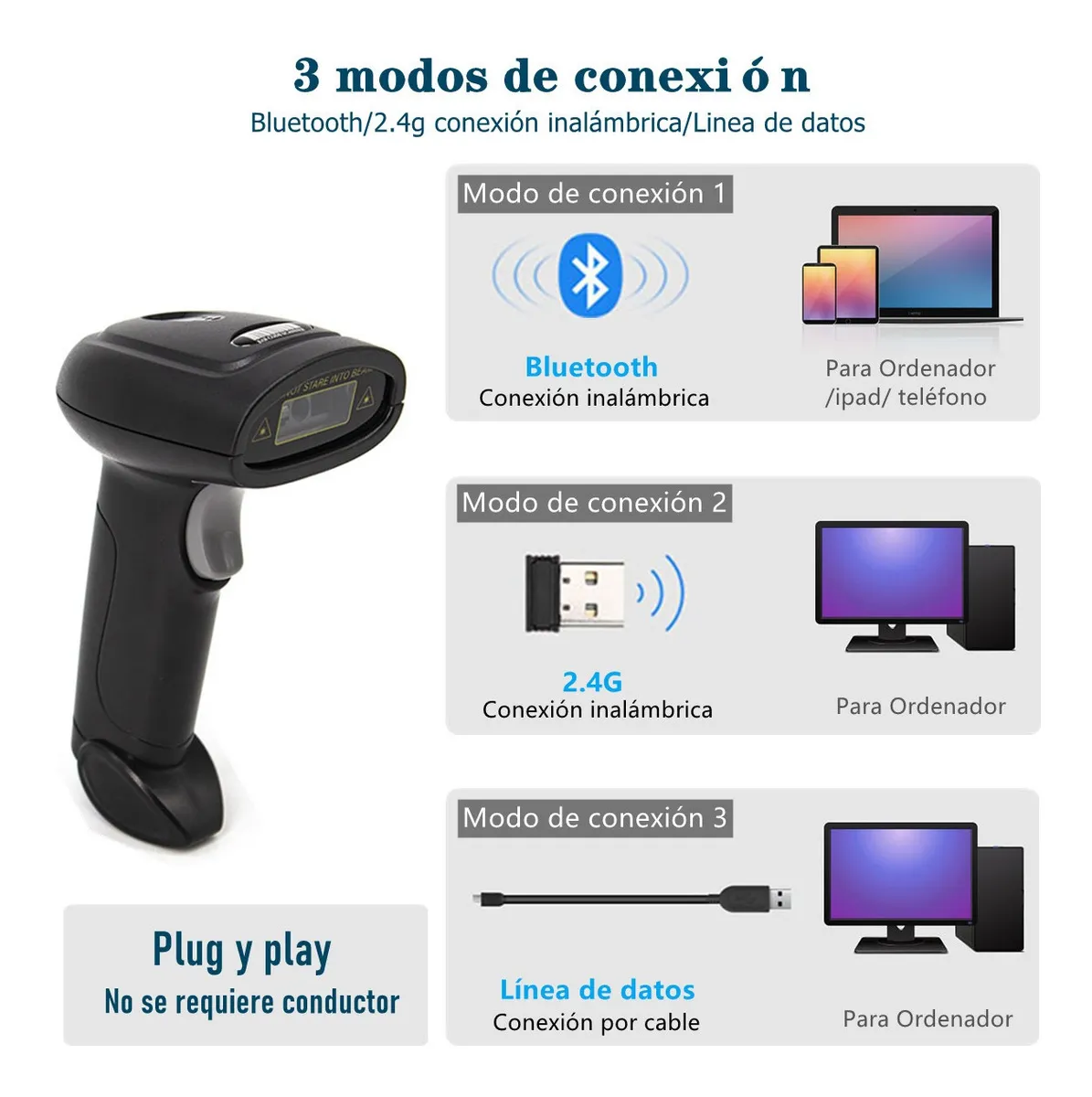 Lector Codigo Barras Inalámbrico 1d/2d Lector Qr Bluetooth - Imagen 3